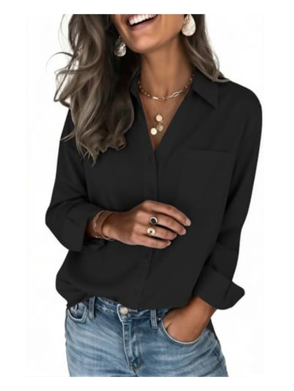 Zeagoo Women's Silky 4-Way Stretch Button-Down Blouse Long Sleeve Dressy Top